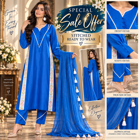 BLUE RAW SILK STITCHED 3PCS DRESS