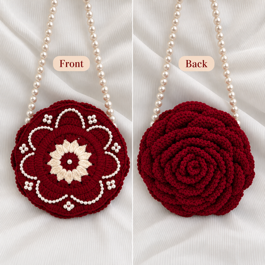 Unique Dual-Sided Crochet Rose Bag | Pearl-Embellished Front & 3D Rose Back 🌹