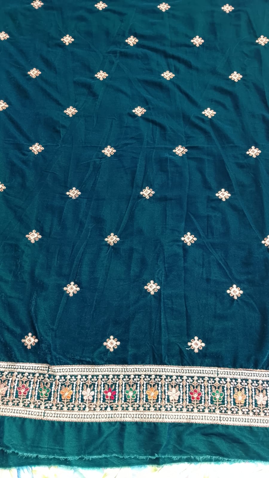 Neelam Teal Sapphire Embroidered Velvet Suit with Velvet Shawl 3 Piece