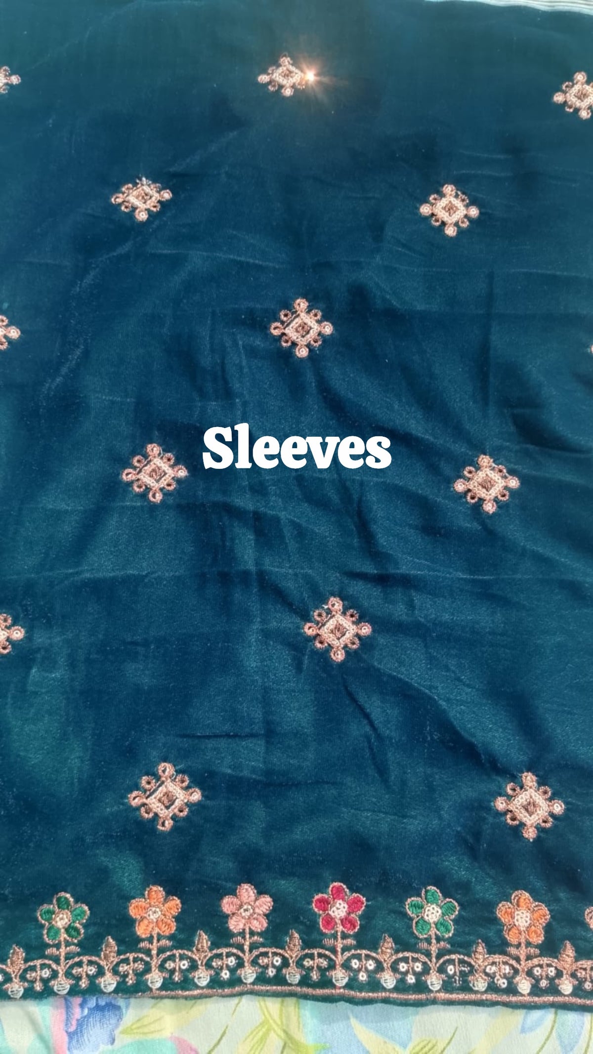 Neelam Teal Sapphire Embroidered Velvet Suit with Velvet Shawl 3 Piece