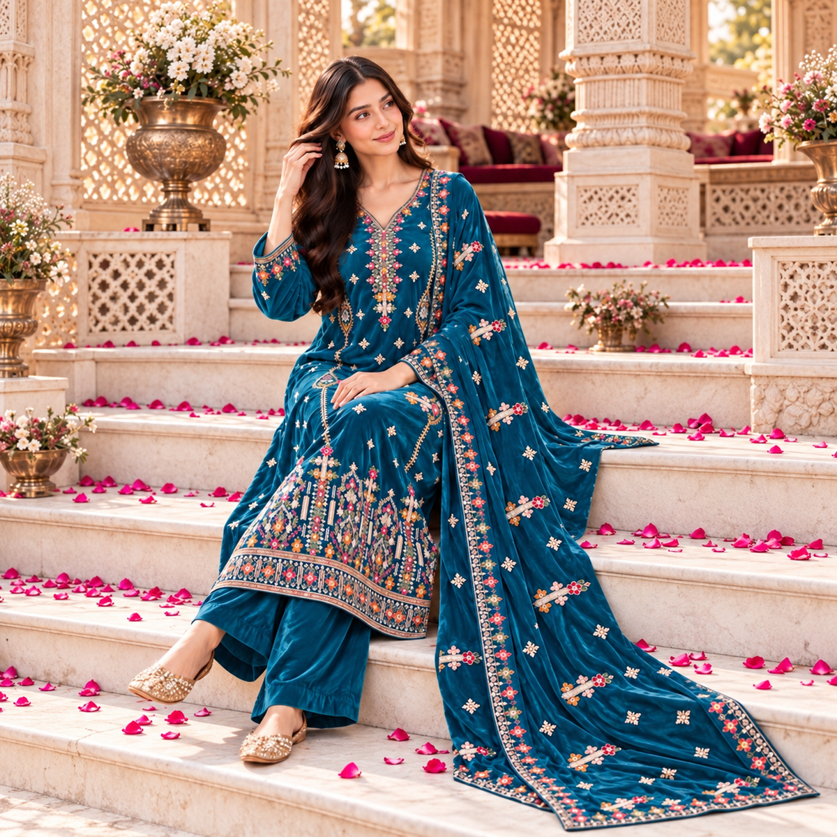 Neelam Teal Sapphire Embroidered Velvet Suit with Velvet Shawl 3 Piece