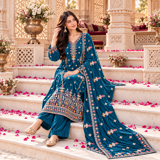 Neelam Teal Sapphire Embroidered Velvet Suit with Velvet Shawl 3 Piece