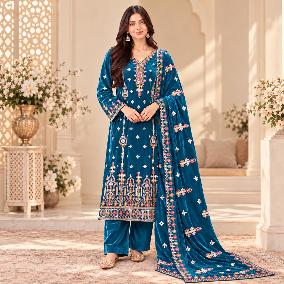Neelam Teal Sapphire Embroidered Velvet Suit with Velvet Shawl 3 Piece