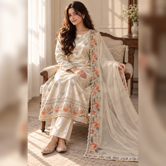 ZARQÉ Ivory Damask Silk Suit with Pure Chiffon Dupatta