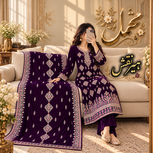 ZARQÉ HeerNaqsh Plum Velvet Suit with Makhmal Shawl Embroidered
