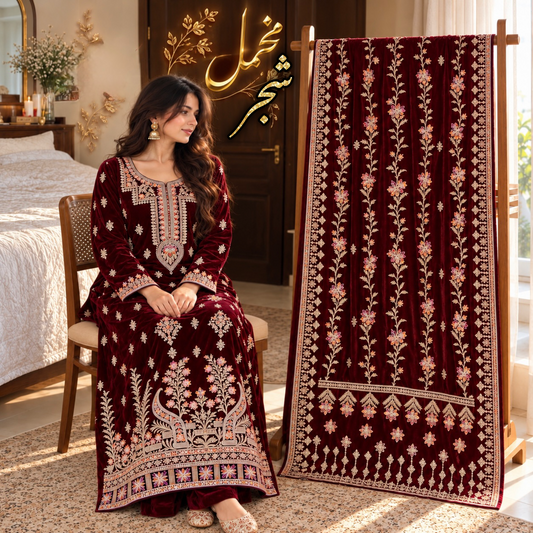 ZARQÉ Shajar Maroon Velvet Suit with Makhmal Shawl Embroidered