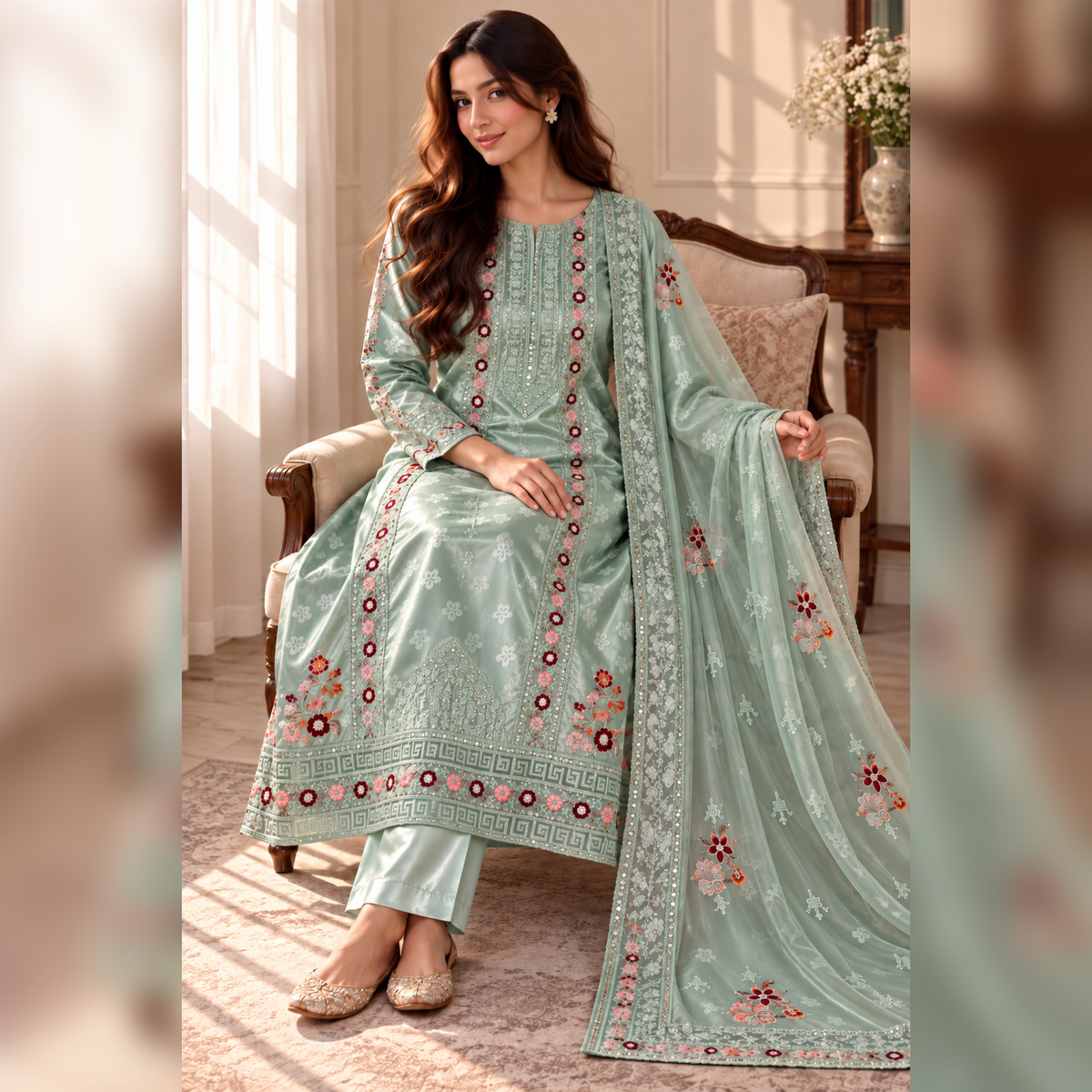 ZARQÉ Sage Damask Silk Suit with Pure Chiffon Dupatta