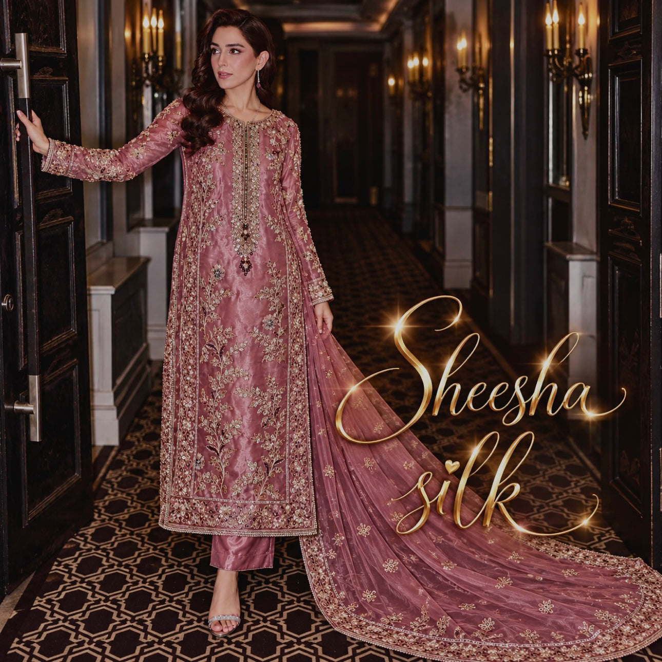 Sheesha Silk hand embellished dress in Antique Rose by SLEEK