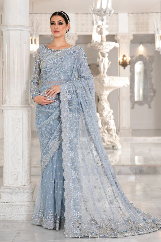 Maria B Ice Blue Saree - FULL NET SAREE