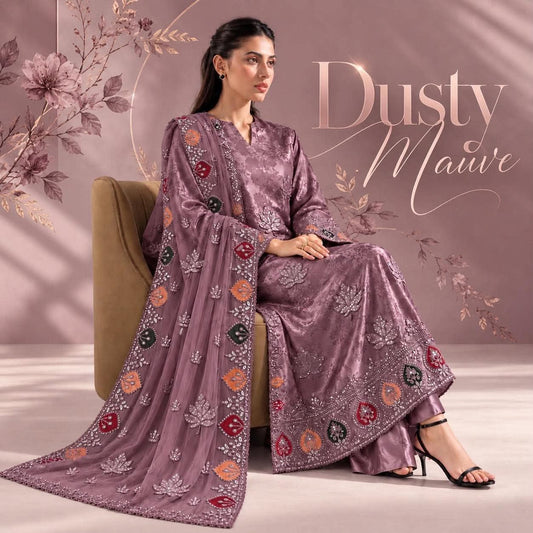Model wearing Mauve Damask Silk suit with embroidered pure chiffon dupatta by SLEEK