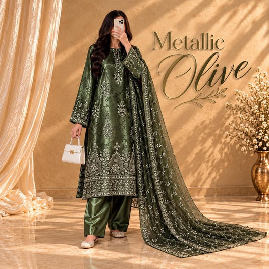 Metallic Olive Damask Silk unstitched suit with embroidered pure chiffon dupatta by SLEEK
