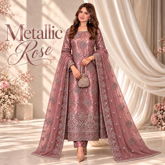 Metallic Rose Damask Silk unstitched suit with embroidered pure chiffon dupatta by SLEEK
