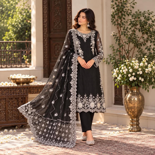 black chiffon unstitched suit