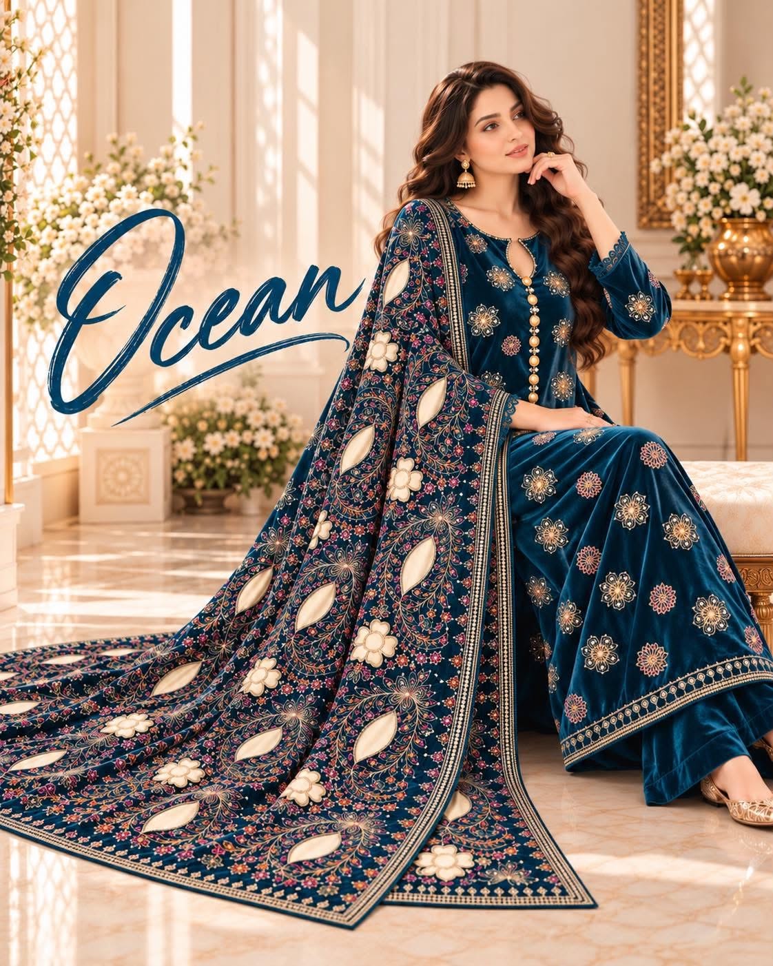 Ocean Velvet suit with cutwork carving and heavy shawl by Zarqé
