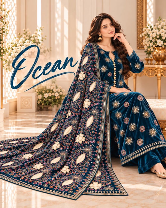 Ocean Velvet suit with cutwork carving and heavy shawl by Zarqé

