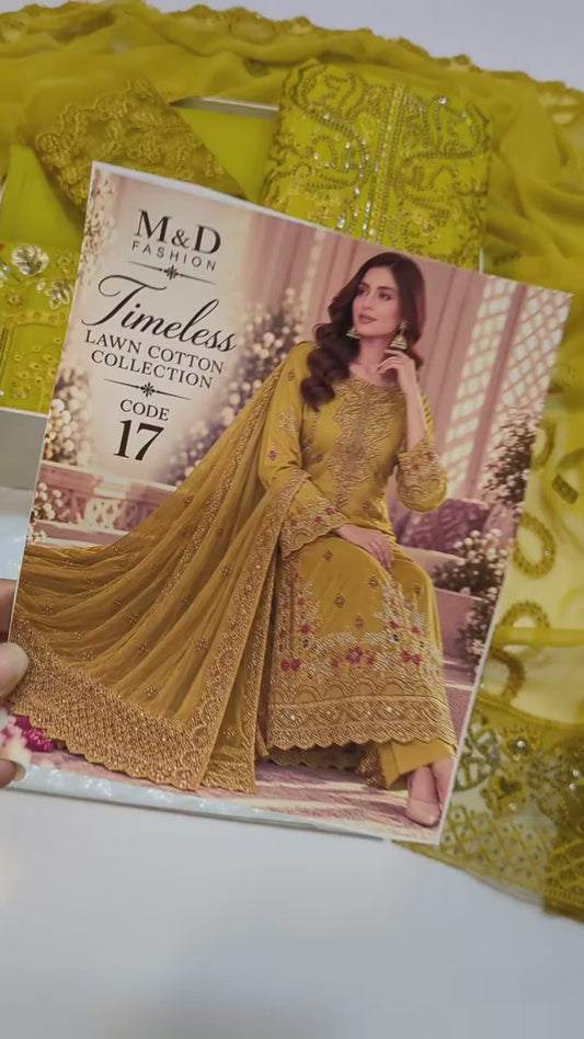 TIMELESS 17 OLIVE LIME LAWN COTTON WITH CHIFFON DUPPATA