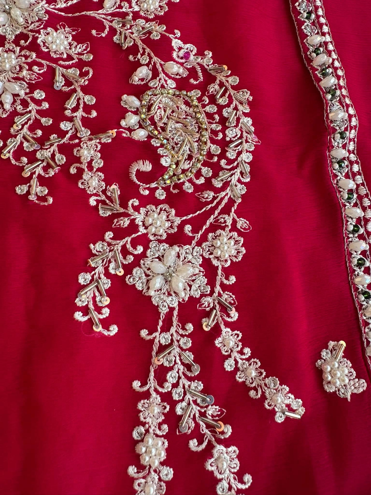 Fabric details of Shocking Pink pure chiffon with hand embellishment