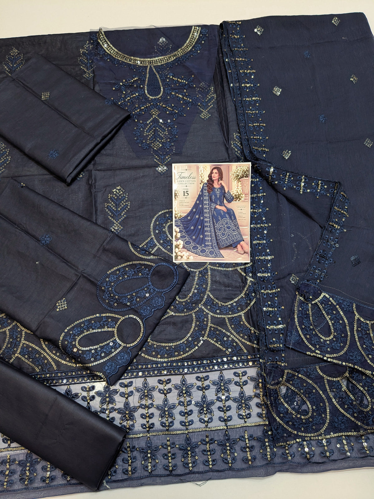 TIMELESS 15 INK BLUE LAWN COTTON WITH CHIFFON DUPPATA