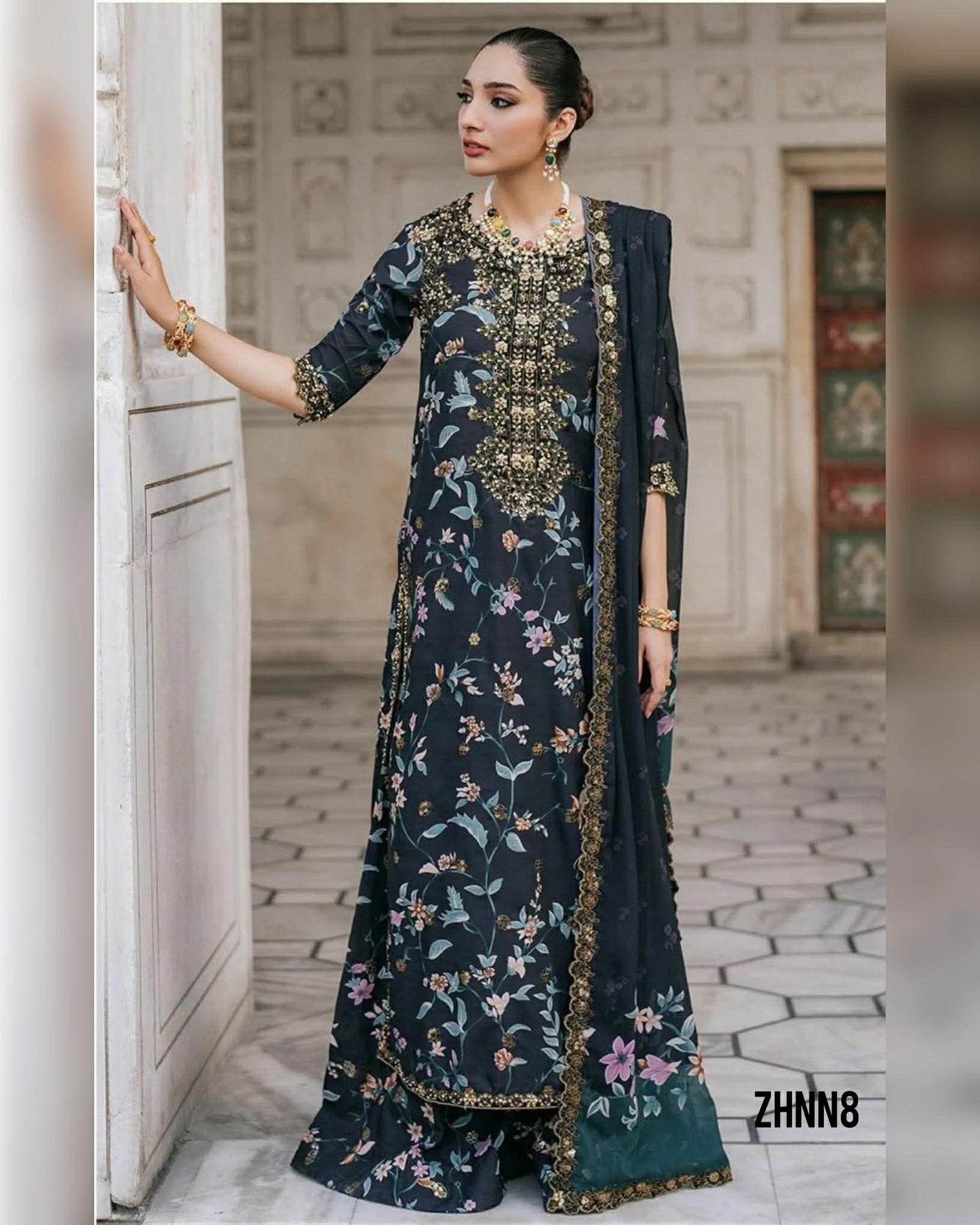IZNIK BLACK HANDWORK LAWN WITH SILK DUPPATA