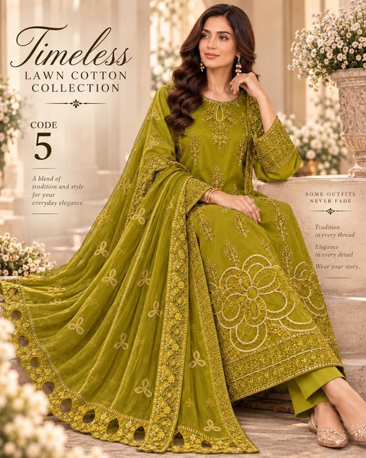 MAHIRA 05 OLIVE GREEN LAWN COTTON DRESS WITH CHIFFON DUPPATA