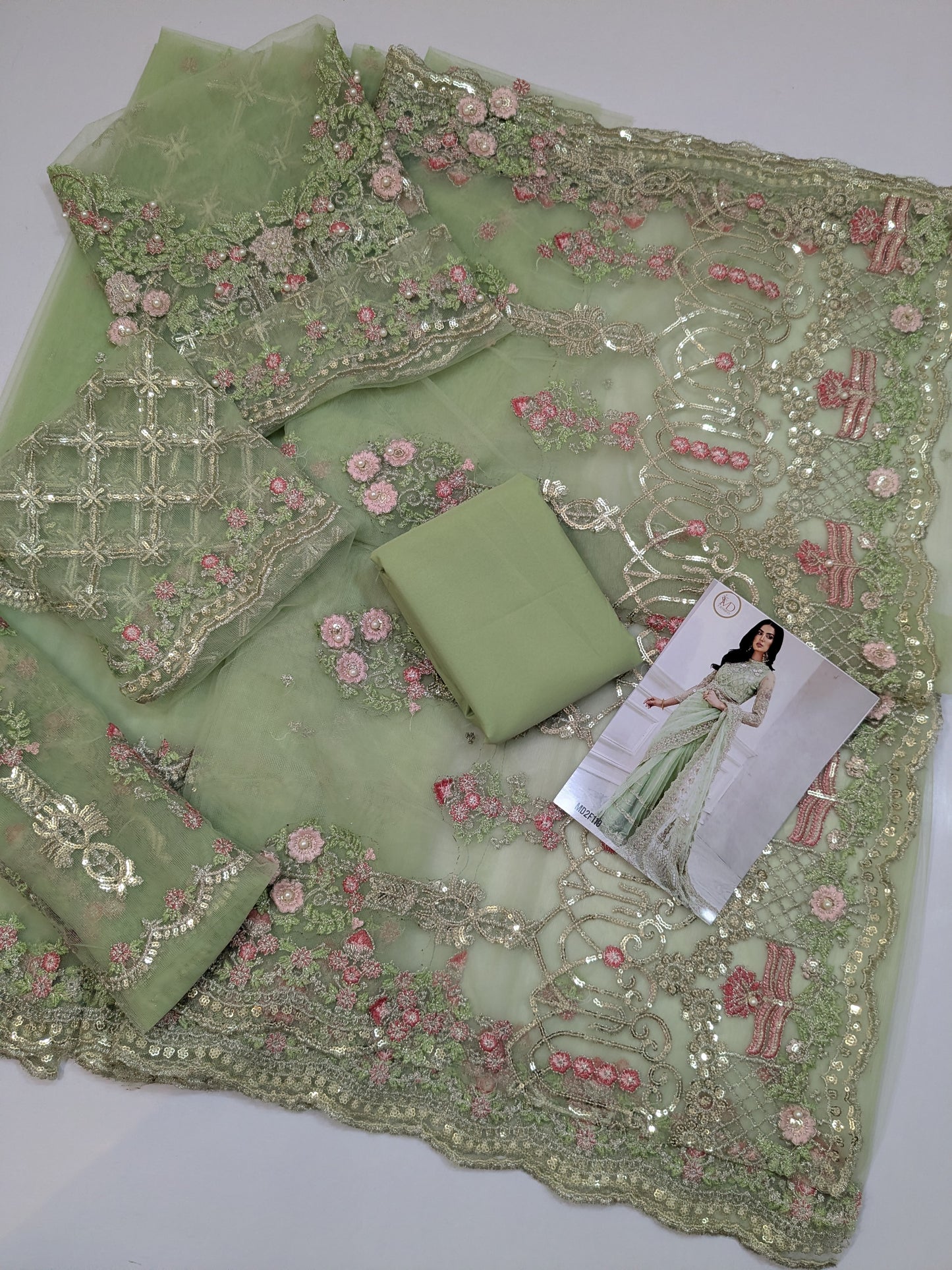 MARIA B PISTACHIO NET EMBROIDERED SAREE