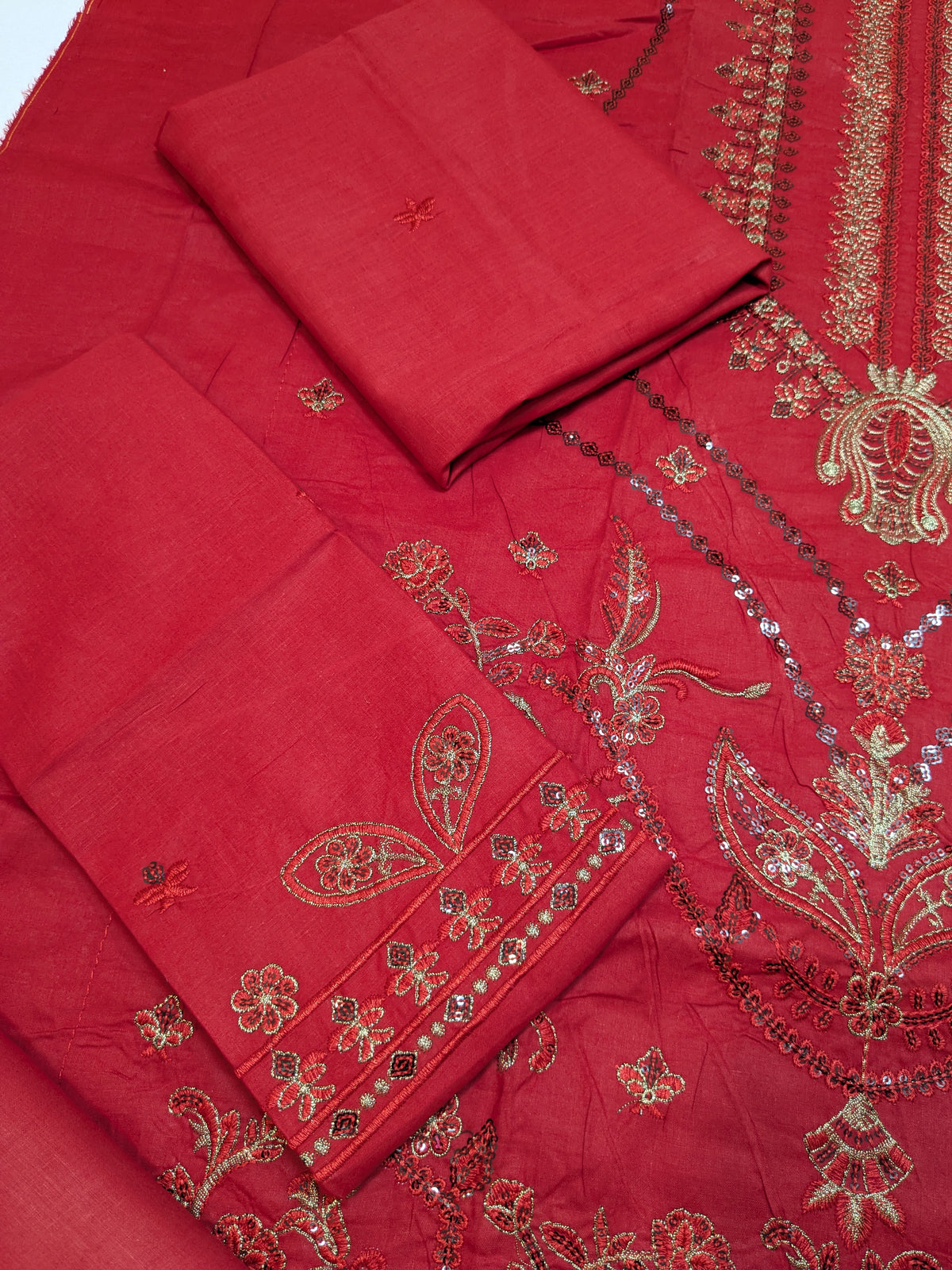 MAHIRA 01 RED LAWN COTTON DRESS WITH CHIFFON DUPPATA