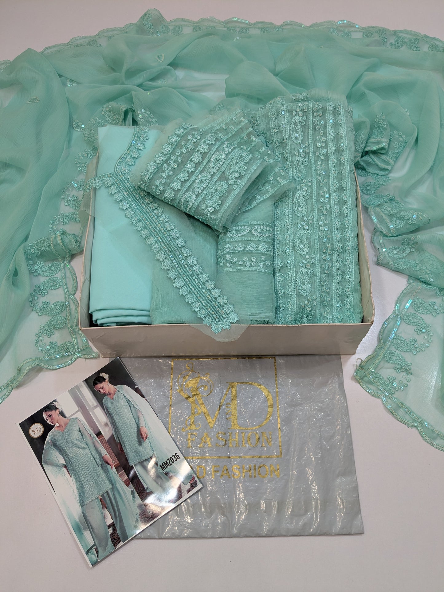 AZURE SOFT SEA GREEN CHIFFON EMBROIDERED