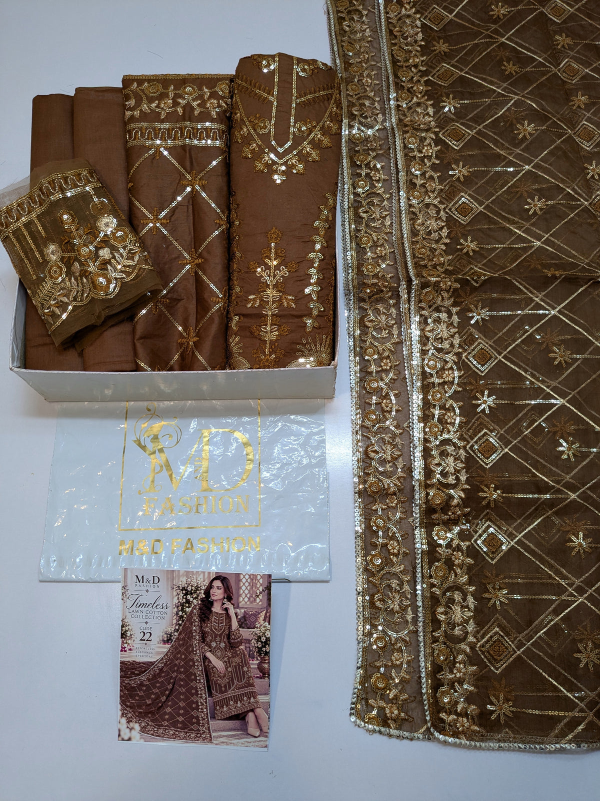 TIMELESS 21 BROWN LAWN COTTON WITH ORGANZA DUPPATA