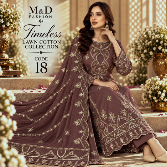 TIMELESS 18 KALEJI BROWN LAWN COTTON WITH CHIFFON DUPPATA