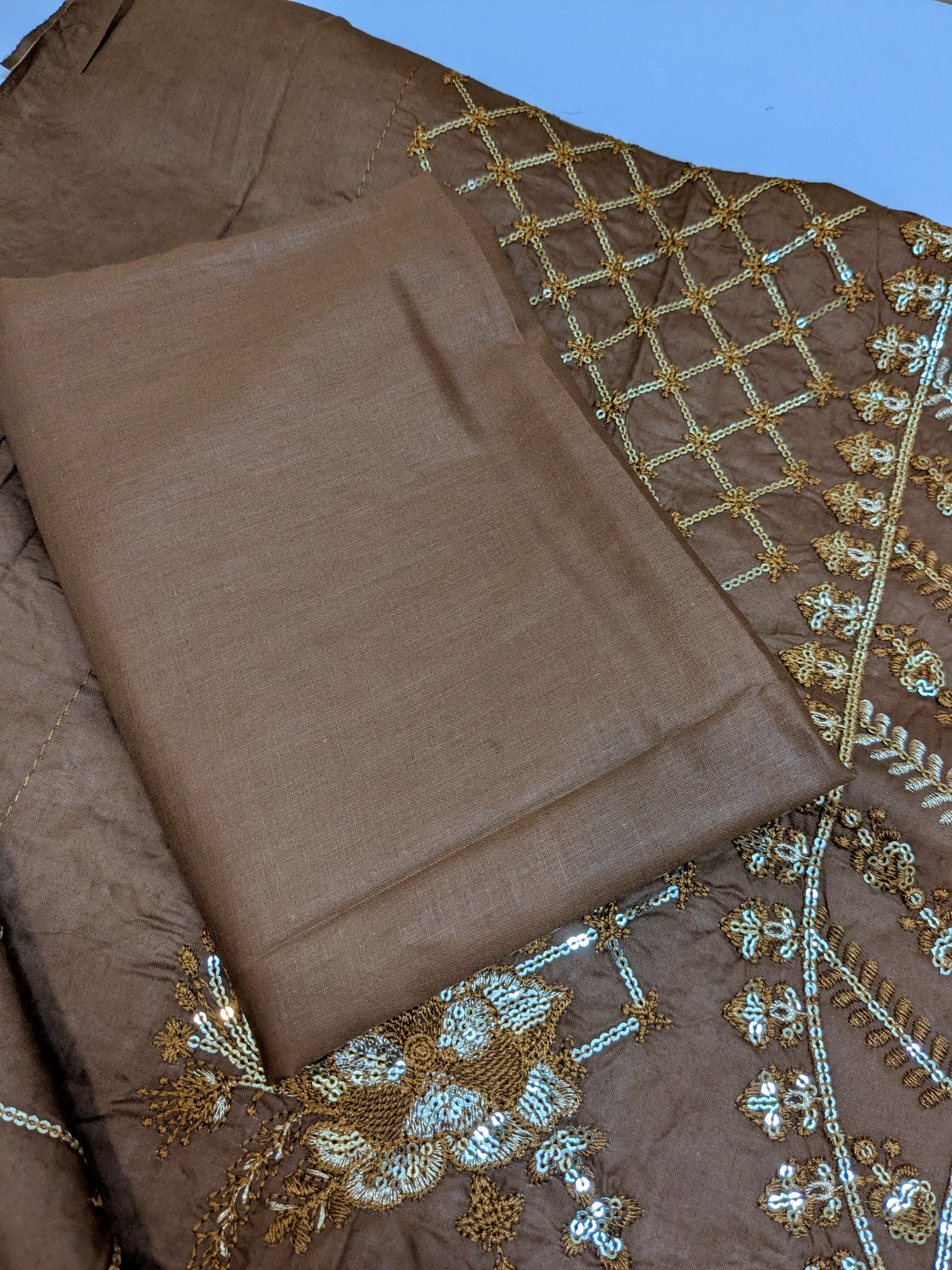 TIMELESS 21 BROWN LAWN COTTON WITH ORGANZA DUPPATA