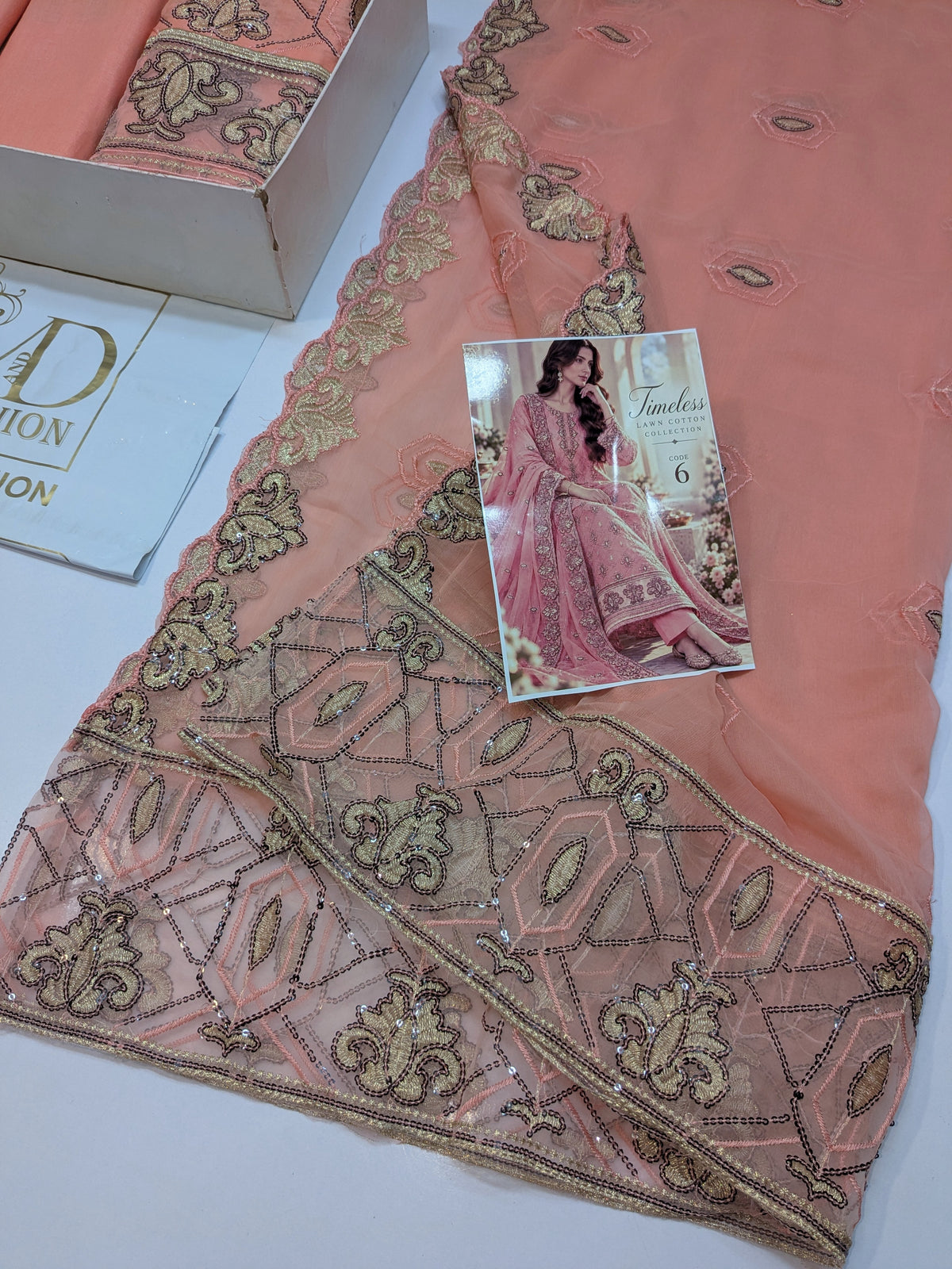 MAHIRA 06 CORAL PEACH LAWN COTTON DRESS WITH CHIFFON DUPPATA