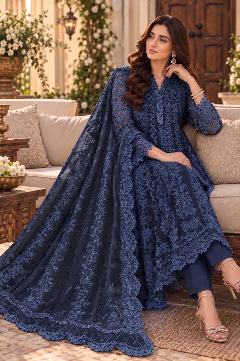 MARIA B INSPIRED BLUE INTRICATE EMBROIDERY WITH LAWN