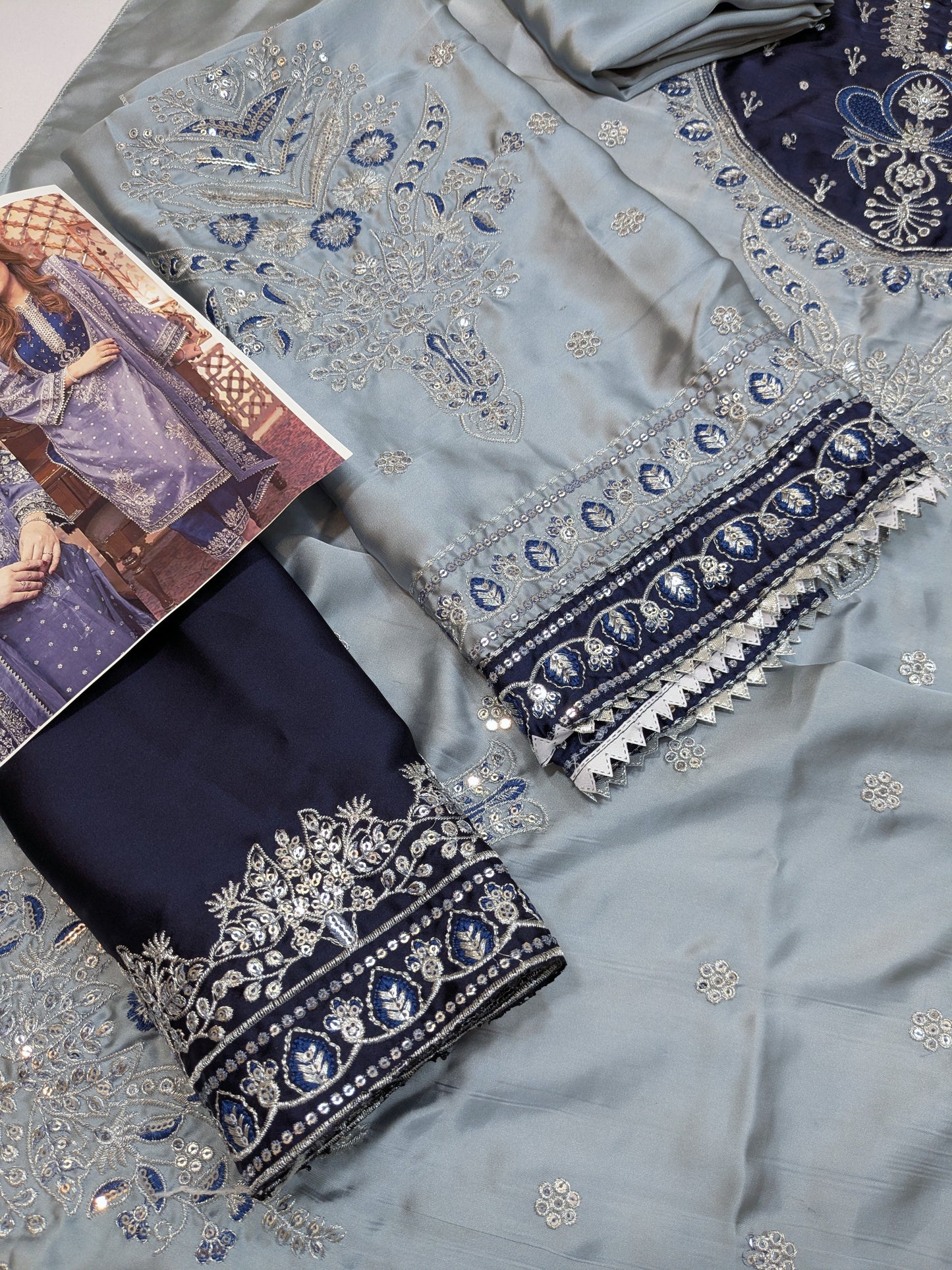 ANEELA GREY BLUE SILK EMBROIDERED