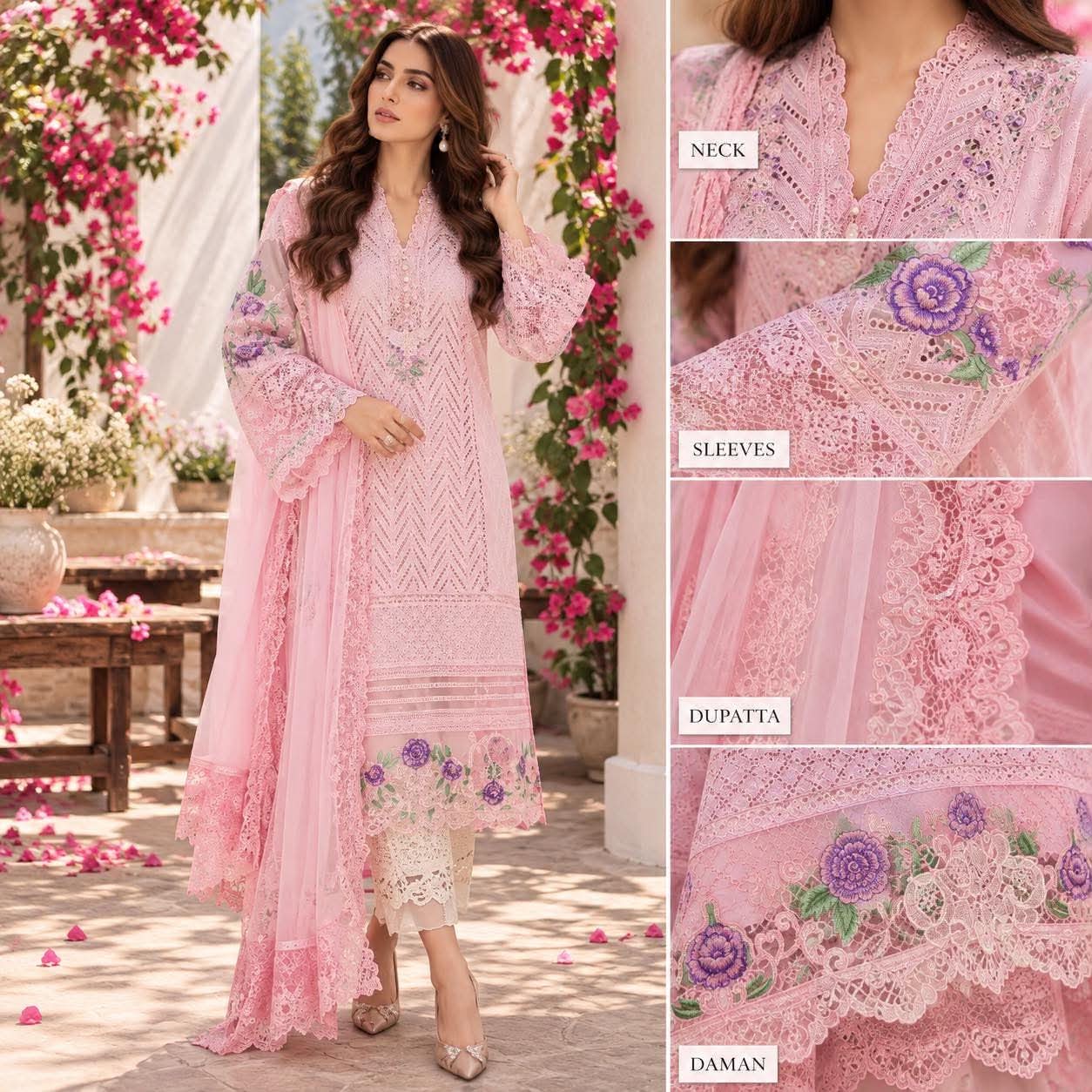ADAN LIBAS INSPIRED PINK LAWN CHIKENKARI EMBROIDERED