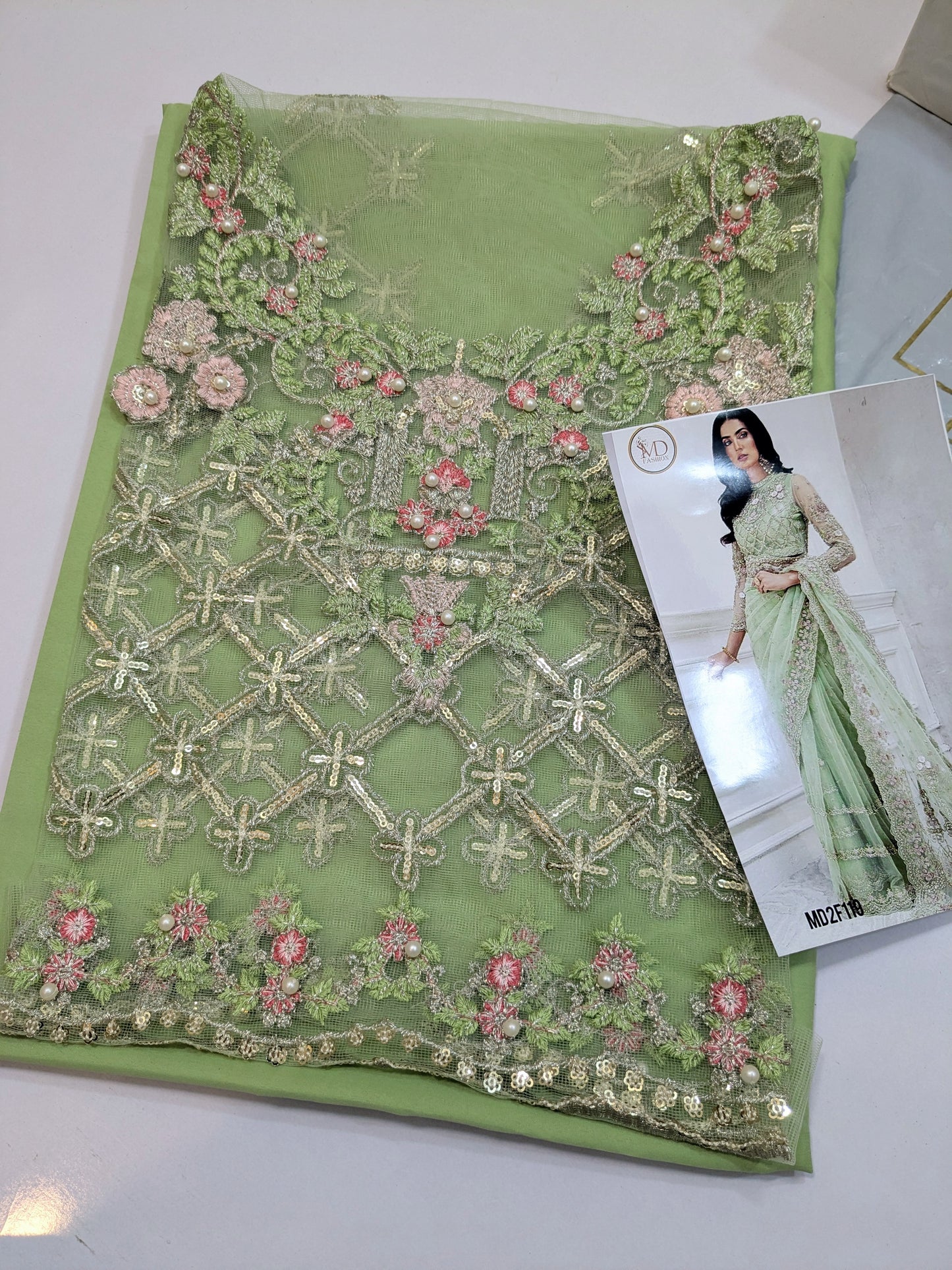 MARIA B PISTACHIO NET EMBROIDERED SAREE