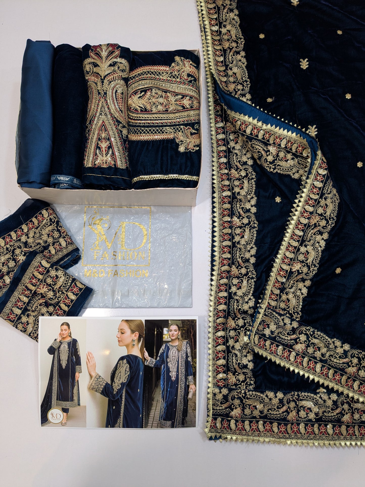 ANEELAS BLUE VELVET DRESS WITH VELVET SHAWL