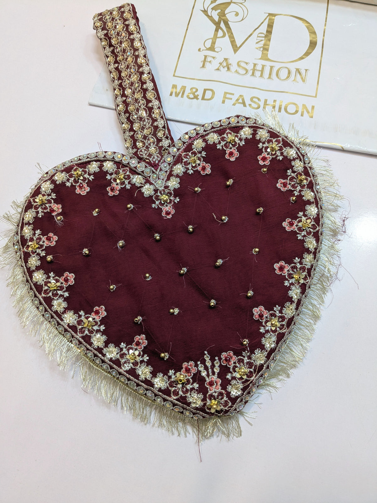 MARIA B INSPIRED LUXURIOUS MAROON FORMAL WEAR WITH HEART CLUTCH