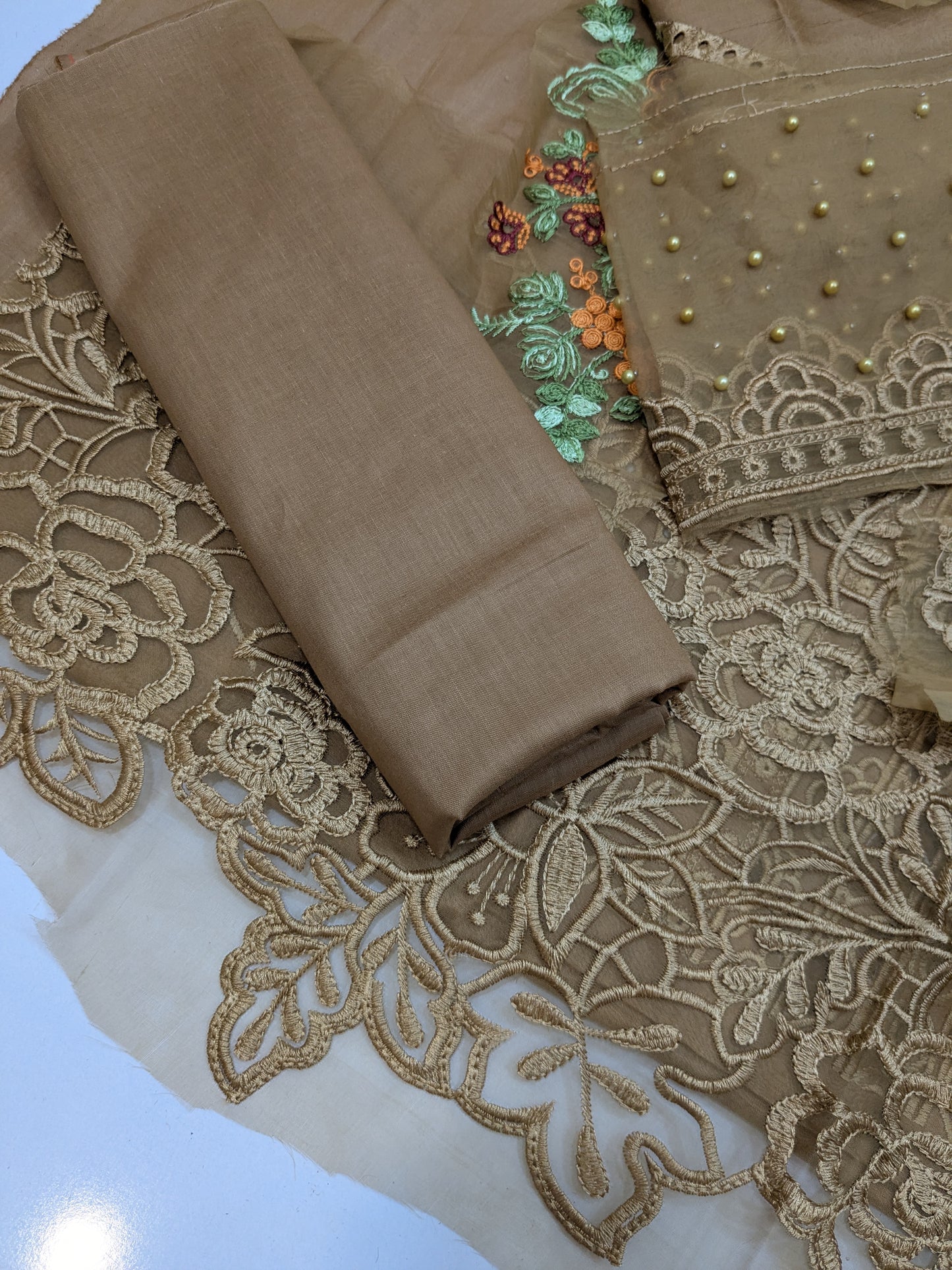 MARIA B BROWN CHIKENKARI EMBROIDERED LAWN