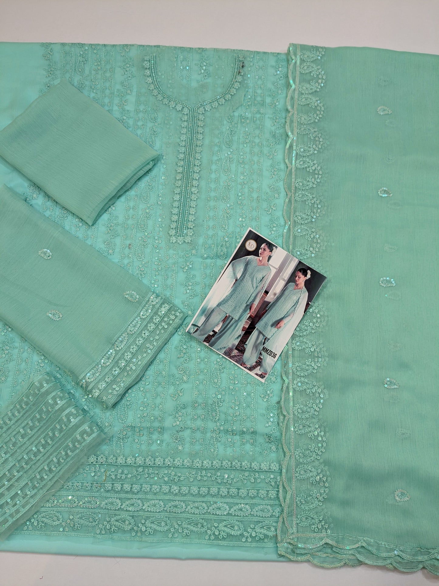 AZURE SOFT SEA GREEN CHIFFON EMBROIDERED