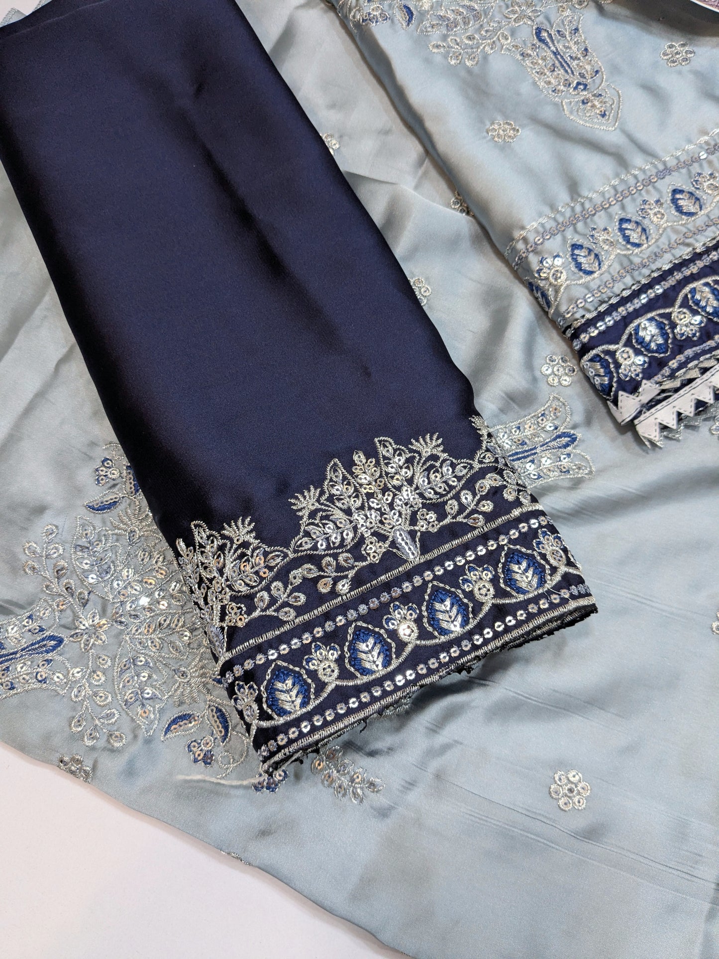 ANEELA GREY BLUE SILK EMBROIDERED