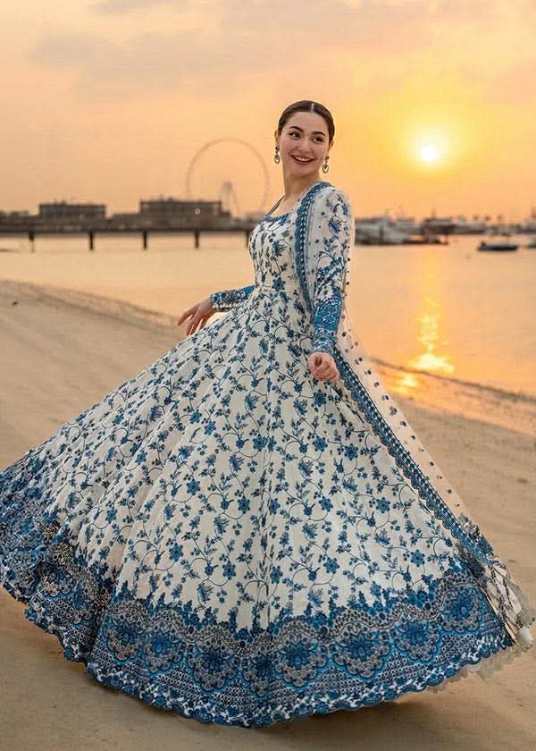 FAIZA SAQLAIN JEHONA KALIDAR BLUE WHITE HEAVY EMBROIDERED