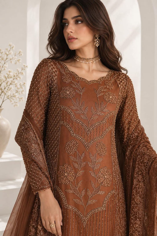 CAIA INSPIRED COPPER BROWN PREMIUM EMBROIDERED DRESS
