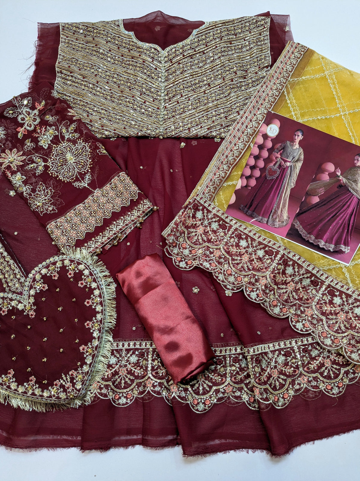MARIA B INSPIRED LUXURIOUS MAROON FORMAL WEAR WITH HEART CLUTCH