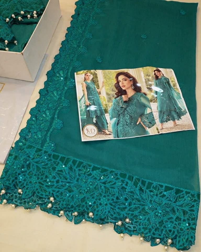 MARIA B SEA GREEN CHIFFON EMBROIDERED DRESS