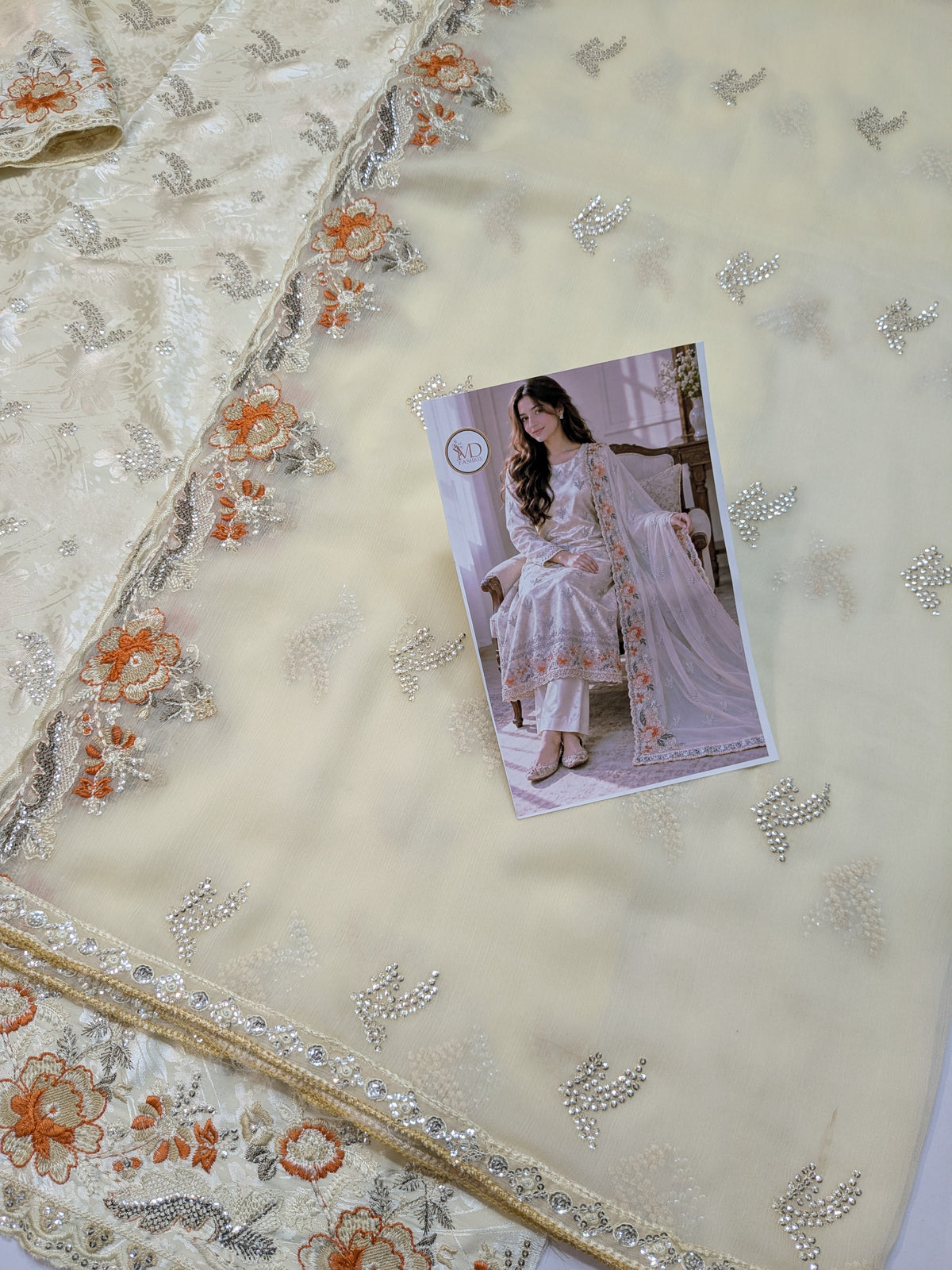 ZARQÉ Ivory Damask Silk Suit with Pure Chiffon Dupatta