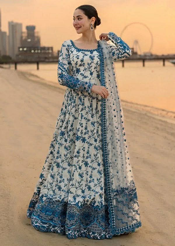 FAIZA SAQLAIN JEHONA KALIDAR BLUE WHITE HEAVY EMBROIDERED