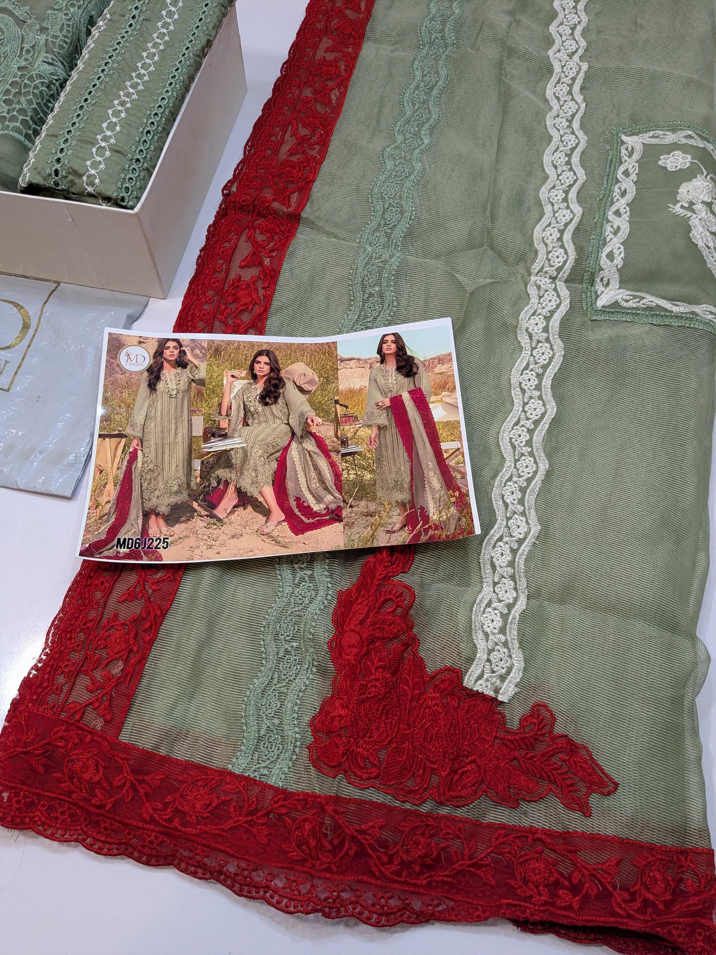 Crimson Opel Chikenkari embroidered Mehndi green