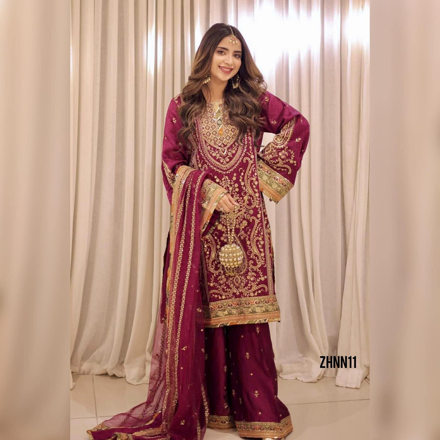 ANEELA SABOOR CHARMEUSE SILK EMBROIDERED DRESS