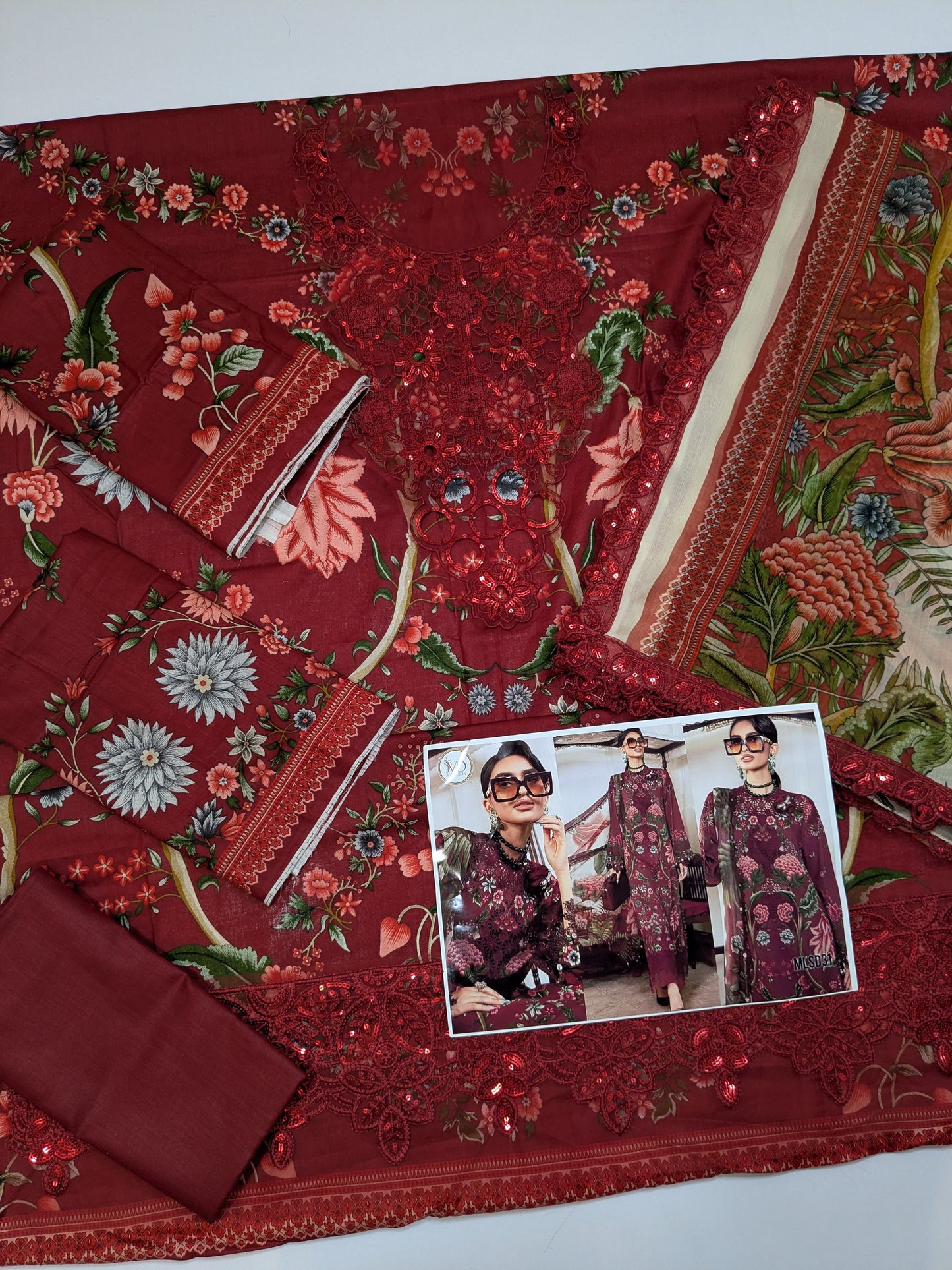 MARIA B MAROON 27A LAWN DRESS WITH READY CHIFFON DUPPATA