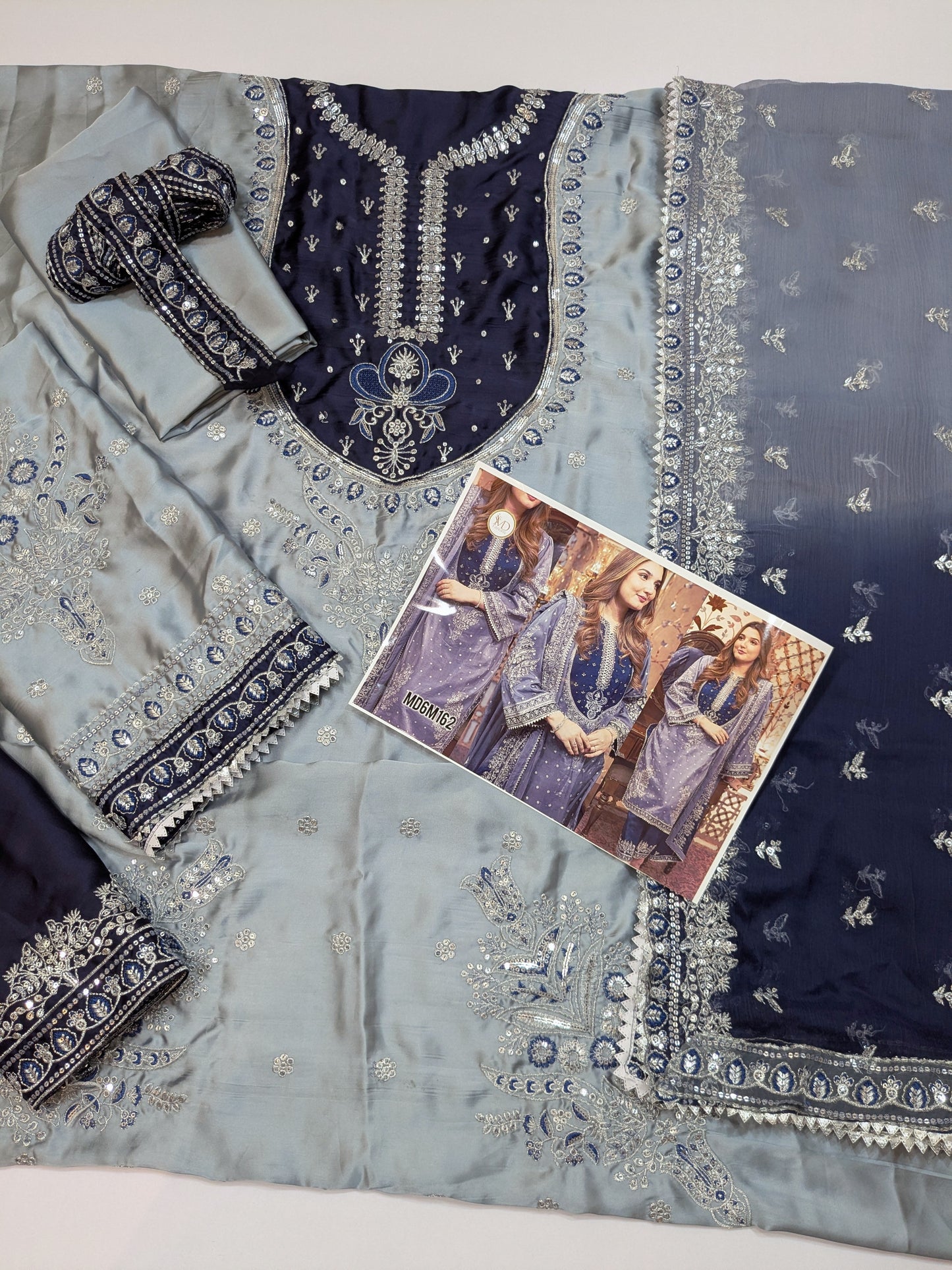 ANEELA GREY BLUE SILK EMBROIDERED